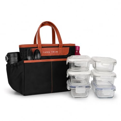 Image of TANN TRIM Insulated Lunch Tote Bag for Men & Women, Black, Leakproof with Bottle Pockets, for Office, Travel & Picnic (Black)