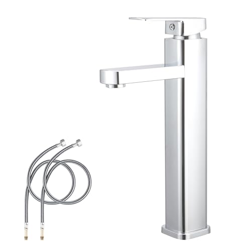 Bathroom Tall Basin Tap Countertop Washbasin Mixer Tap Vessel Sink Faucet for Bowl Single Lever Bathroom Sink Faucet with 80CM UK Standard Hoses, Chrome