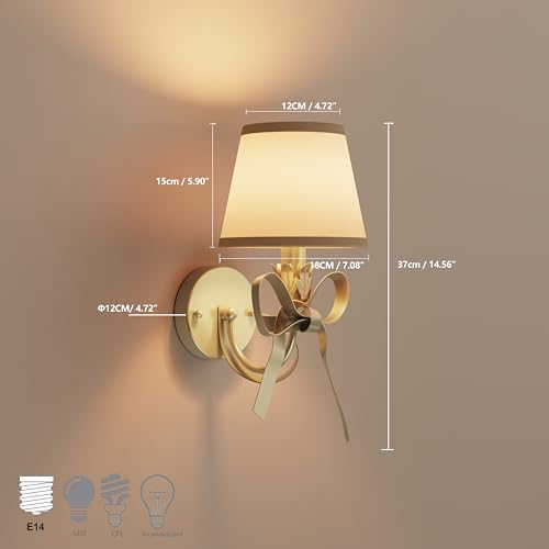 Image of Gold Brass Sconces Wall Decor Set of 2, Bow Wall Scones Set of Two with Fabric Shades, Modern Bedside Wall Lights Fixtures for Bedroom, Girls Room, Hardwired