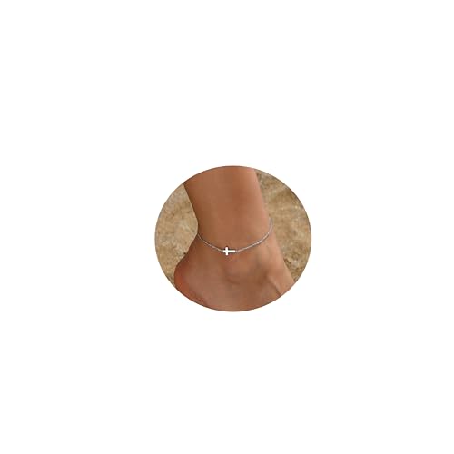 Image of NONAMOIS Ankle Bracelets for Women Dainty 18K Gold Plated Anklet Waterproof Round Beaded Paperclip Herringbone Pearl Chain Anklets Waterproof Beach Foot Jewelry
