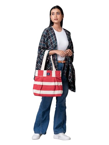 Image of AQVA Striped Cotton Canvas Shoulder Tote Bag for Women with Sturdy Strap Multipurpose Handbag with Zip Closure for Travelling, Shopping and Work