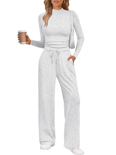 Trendy Queen Womens 2 Piece Matching Lounge Set Mock Turtleneck Top Wide Leg Pants Casual Sweatsuit with Pockets