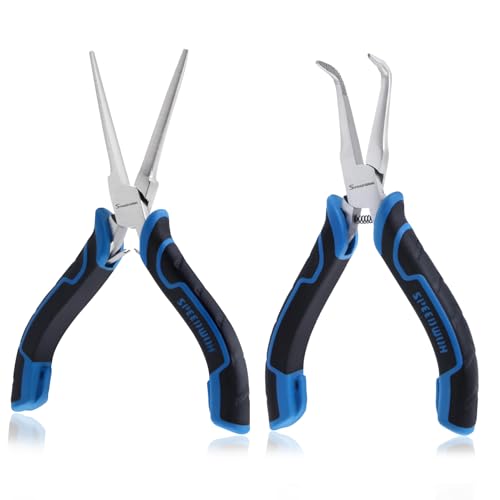 SPEEDWOX Mini-Spitzzangen-Set mit glatter Backe und gebogener Spitzzange mit gezackter Backe, abgewinkelte Spitzzange für Schmuckherstellung, Nadelentferner, Angelzange, 2-teiliges Set