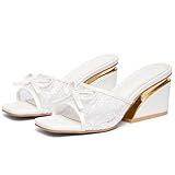 Women Square Toe Wedge Block Heel Mule Sandals Fashion Bow Open Toe Slip On Unique Chunky Heel Dress Sandals For Party Bridal Wedding (Wihte-lace,8)