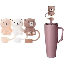 3Pack Cute Bear Silicone Straw Tip Covers Compatible with Brumate Era 30oz and 40oz Tumbler Lid, Dust-Proof Straw Toppers, BPA-Free Leakproof & Travel-Friendly Straw Protector 3, Beige,Grey, White
