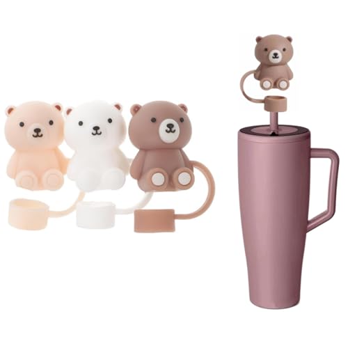 3Pack Cute Bear Silicone Straw Tip Covers Compatible with Brumate Era 30oz and 40oz Tumbler Lid Dust-Proof Straw Toppers BPA-Free Leakproof & Travel-Friendly Straw Protector (3 Beige Grey White)