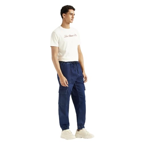Image of Men's Tapered Dark-Blue Cargo Jogger Jeans