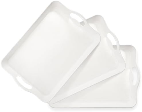 Cedilis 3 Pack Serving Trays with Handles, 16 x 11IN Food Serving Tray, Rectangular Plastic Stackable Tray for Restaurant, Parties, Coffee Table, White