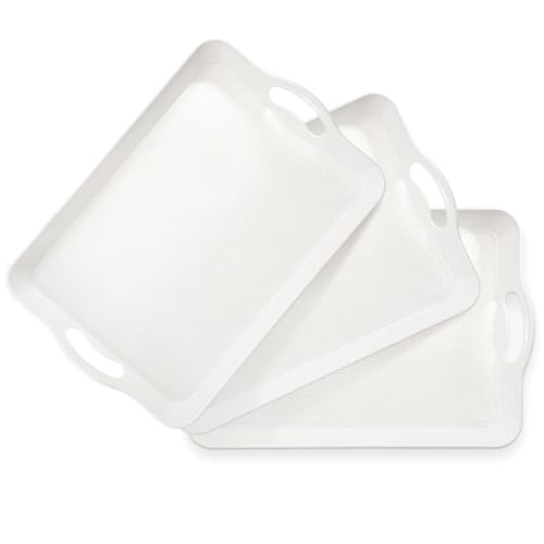 Cedilis 3 Pack Serving Trays with Handles, 16 x 11IN Food Serving Tray, Rectangular Plastic Stackable Tray for Restaurant, Parties, Coffee Table, Kitchen (White) by Cedilis - Used condition - US$18.04