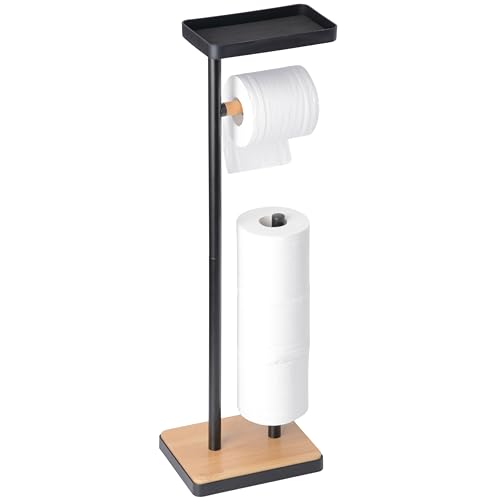 Clasin Home Toilet Paper Holder Stand, Free Standing Toilet Paper Holder with Storage and Top Shelf, Black Toilet Paper Stand Weighted Base with Bamboo Design for Bathroom
