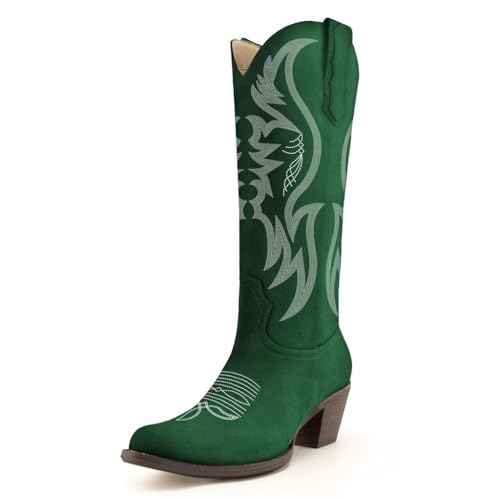 Image of KaroNairy Women Cowboy Boots Faux Suede Embroidered Pointed Thick Heeled Western Wide Calf Cowgirl Ponited Toe Mid Calf Boots