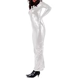 Sexy Turtleneck Split Back Shiny Metallic Long Dress for Women Gloves Vinyl Evening Stretch Bodycon Dress Female Club Outfits (Small,Silver,Small)