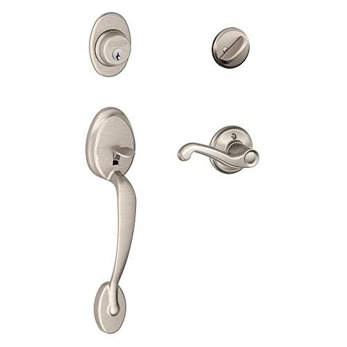 Schlage F60 V PLY 619 FLA Plymouth Front Entry Handleset with Flair Lever, Deadbolt Keyed 1 Side, Satin Nickel