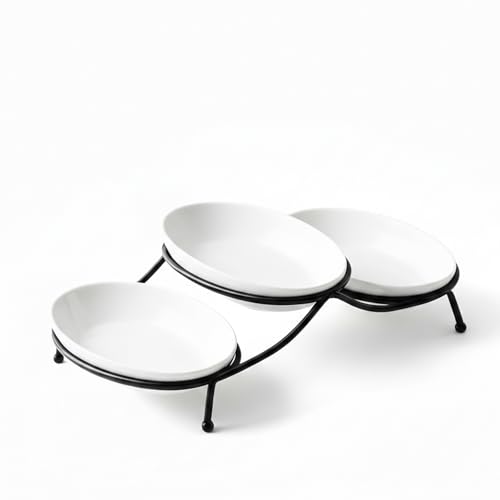 Shallow by Cuisine Art White Porcelain & Oval Serving Bowls with Metal Stand 3 PCS (18cm) | Elevated Snack Dessert & Side Dish Serveware for Hosting Daily Dining Festive Occasions & Gifting