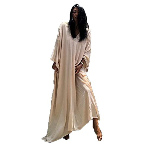 Vestidos largos tipo caftán para mujer, ropa de playa, talla grande, vestido caftán, beige, talla única