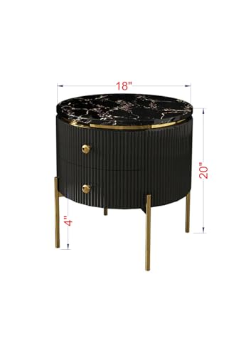 Image of Spain Bedside Table with 2 Drawers, 18x18x18 Inch, Round Sintered Marble Top, Gold Metal Legs & Handle, Waterproof Plywood Body, Modern Side Table for Sofa /Bedroom (Black)