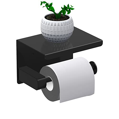 Leolee Porte Papier Toilette, Support Papier Rouleau sans Percage Derouleur Papier WC,Distributeur Papier avec Tablette, Acier INOX SUS 304, Colle Auto-adhésive et Mural pour Salle de Bain (Noir)