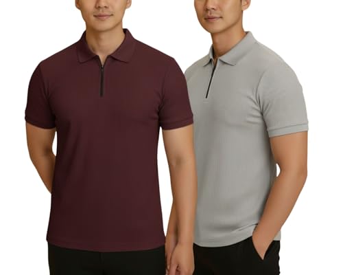 Image of MACK JONNEY Men's Cotton Self Design Polo T-Shirts | Front Half Zipper | Pack of 2 | Multicolour