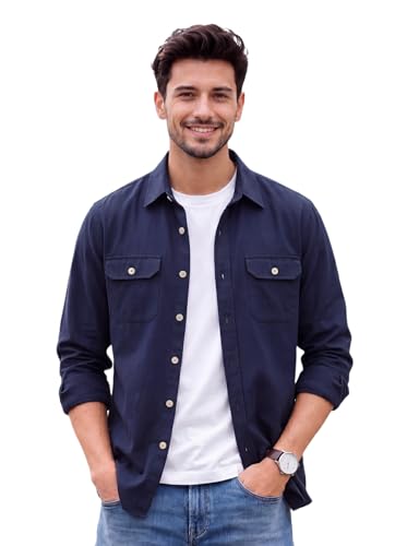 Image of Amazon Brand - INKAST Men's Cotton Blend Button Down Shirt | Long Sleeve Casual Lightweight Breathable Collared Shirts | Soft Comfortable Everyday Wear |Two Flap Chest Pockets |Using like Jacket Shirt