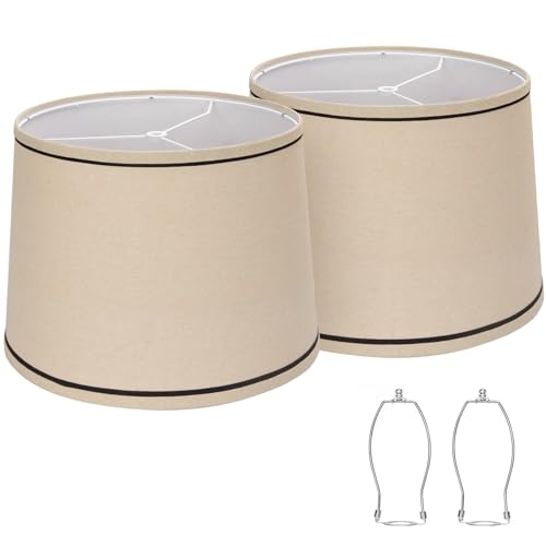 Image of Drum Lampshades Set of 2, Medium Fabric Lamp shades for Table Lamps, Floor Lamps, Beige Linen Lamp shades 11.6 inch Top x 12.6 inch Bottom x 9.8 inch High Spider Fitter, Replacement Lampshades, Assembly Required