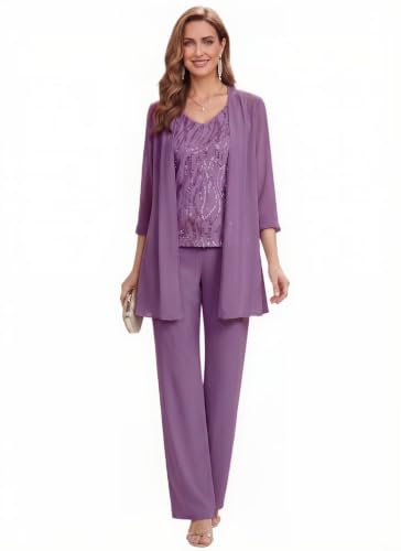 3 Pieces Mother of The Bride Pant Suits for Women Chiffon Sequin Formal Wedding Pantsuit with Jacket WT014 Mauve