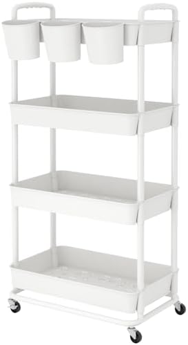 JIUYOTREE 4-Tier Plastic Rolling Storage Cart Utility Cart with E...