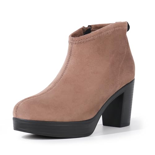 Hawkwell Women's Suede Arch Support Side Zipper Comfort Ankle Boot Chunky Block Heel Booties