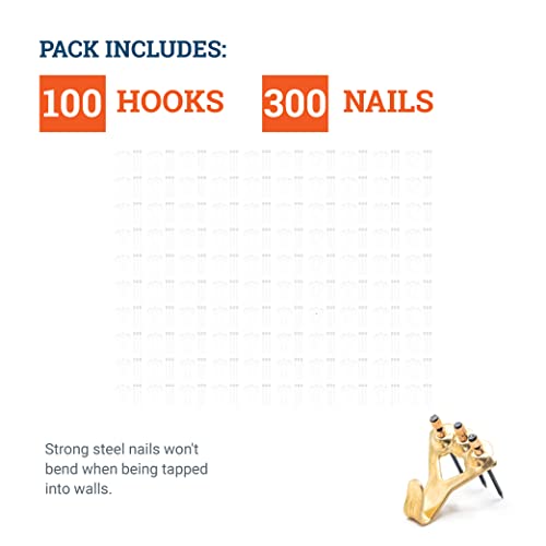 Image of PHS 100 lb Brass Picture Hanging Hooks with Nails, 100 Pack | Heavy duty picture hangers, mirror mounting hardware, hardened blue steel nails, drywall and plaster walls