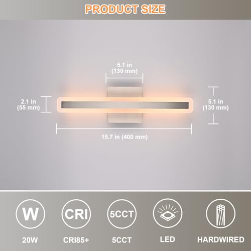 Image of Modern Bathroom Vanity Light Fixtures 15.7 Inch, 20W Brushed Nickel LED Vanity Lights Over Mirror, 5CCT Dimmable LED Wall Sconces Light Linear Bar Bath Lights for Bathroom Cabinets Bedroom