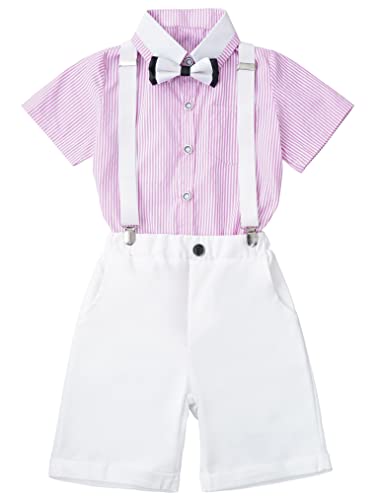 Choomomo Boys Gentleman Outfit Suit Summer Wedding Formal Suit Dress Shirt + Bow Tie + Suspender Shorts Red 12-18 Months