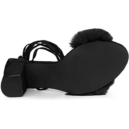Allegra K Women's Faux Fur Lace Up Strappy Chunky Heels Black Sandals 7 M US