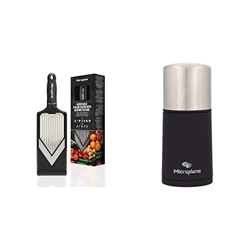 Mandoline en V réglable avec râpe à julienne, avec la pince protège-doigts inclus & Moulin à épices en Acier Inoxydable et en Noir pour Noix de Muscade, Cannelle, fèves Tonka et Autres épices dures