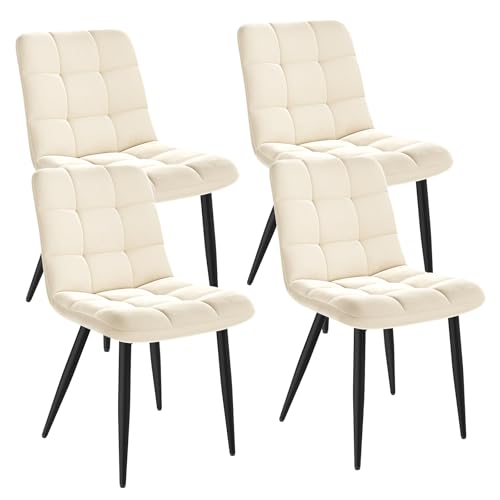 INRE Chaises de Salle à Manger,Lot de 4,Pieds en Métal,Pieds Réglables,Chaise tapissée,Dossier Ergonomique,Style Nordique,Blanc Miel