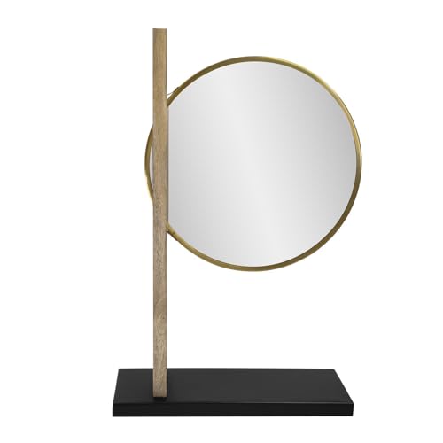 Image of Howard Elliott Collection Skoda Round Tabletop Mirror with Stand, Vanity Makeup Mirror with Brushed Brass Stainless Steel Frame and Mango Wood Base, Modern Accent Decor Mirror, Brass, 28.5 x 18 Inch