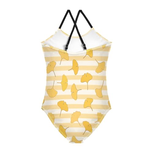 Yellow White Striped Ginkgo biloba leafGirls Swimsuits 1-Piecing Girls Bathing Suits Girls' Swimwear Traje de ba?o para ni?a 3t2