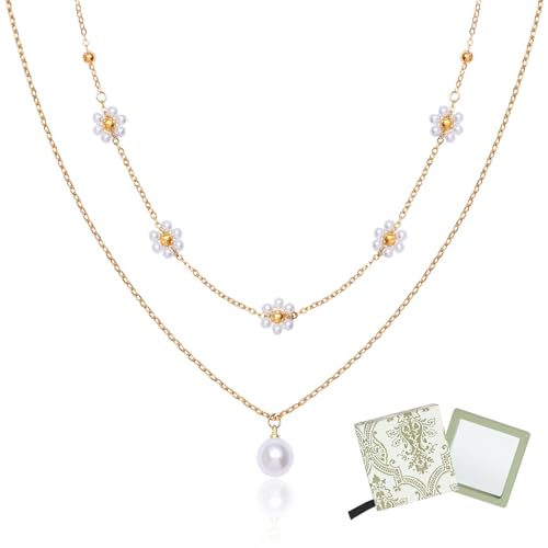 Juego de gargantilla de perlas de margaritas chapadas en oro de 14 quilates para mujer, regalo de cumpleaños, día de la madre, Navidad, con caja, Acero inoxidable, Perla