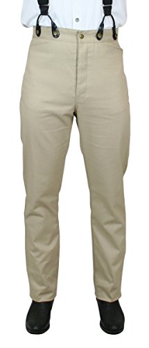 Historical Emporium Men's High Waist Cotton Twill Trousers, Victorian Western Pants with Suspender Buttons