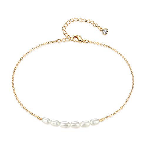 Mevecco Women Gold Anklet Boho Delicate Handmade 18k Gold Plated Dainty Beach Pearl Foot Chain Ankle Bracelet Adjustable Wafer Anklet for Women ANK-Pearl