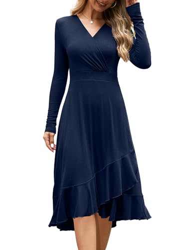 Beluring Kleid Damen Elegant Langarm Tunika Wickelkleid V-Ausschnitt Rüschenbund Midikleid Marineblau L