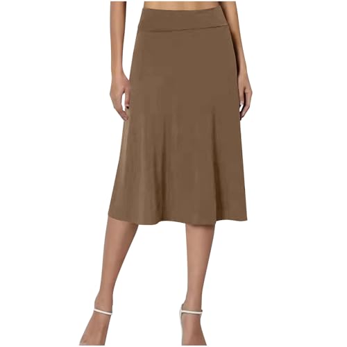 Women's Midi Knee Length Skirts Casual High Waist Flowy Flared A-Line Summer Stretch Basic Pull-On Long Modest Skirt