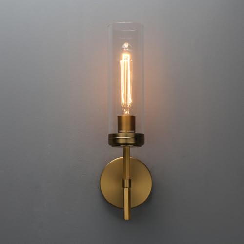 Image of Pathson 1-Light Vintage Wall Sconce Lamp, Hardwired Aluminum Wall Sconce with Tube Cylinder Glass, Mid-Century Wall Vanity Light Fixture Decor for Living Room Bedroom (Brass Gold 1-Pack)
