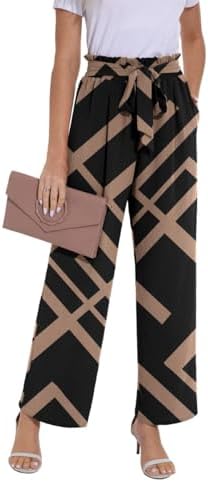 PrinStory Damen Hose Mit Weitem Bein Leichte Elastische Taille Sommer Hose Mit Taschen Kausale Arbeit Hose
