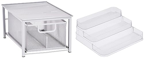 Image of amazon basics Mesh Sliding Basket Drawer Storage Shelf Organizer, Silver & AmazonBasics Tiered Plastic Kitchen Storage Bin