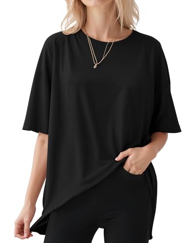 ALGALAROUND Damen T-Shirts Kurzarm Oversize Shirt mit Rundhalsausschnitt übergroßes Tshirt Oversized lockere Passform Basic Top Sommer Plus Size Oberteile Schwarz L