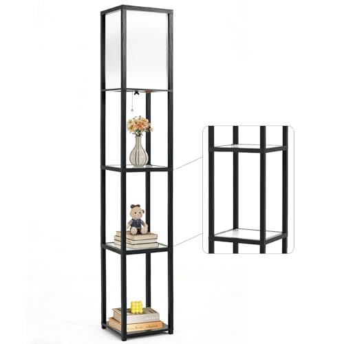 MITELSON Floor Lamp with Shelves, Modern Square Standing Lamp with Glass Shelves, Corner Display Shelf with Light, Tall Lamp with Shelves for Living Room, Bedroom, Office, Bookshelf, Black