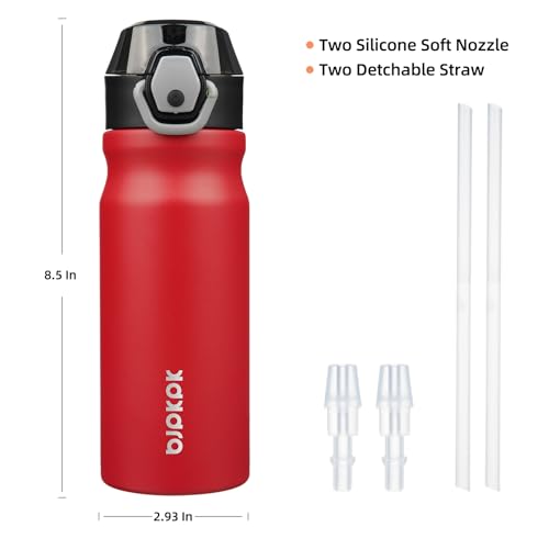 Image of BJPKPK 18 oz Water Bottle with Straw & Handle, Insulated Stainless Flask | Leak Proof Locking Lid, Thermal, Double Wall Vacuum, Keeps Hot /Cold, BPA Free, Dishwasher Safe, Travel & Sports, Red