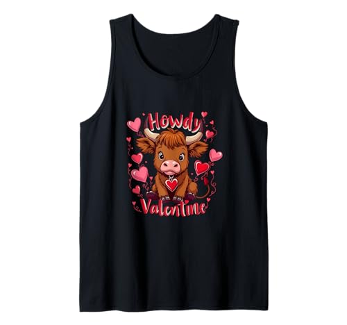 Divertido Howdy Valentine Highland Cow Día de San Valentín Amante de la vaca Camiseta sin Mangas
