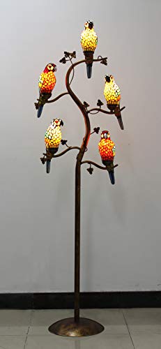 Vintage Tiffany Style Stained Glass 5-Light Parrot Tree Branch Bedroom Living Room Study Floor Lamp