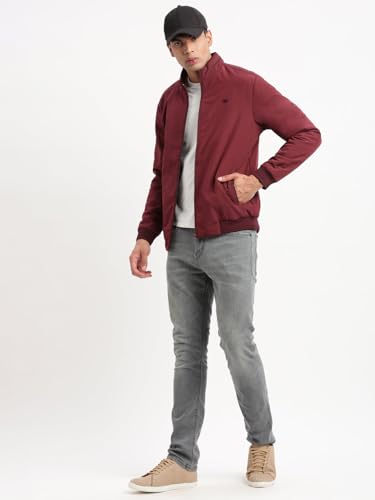 Image of SHOWOFFFF Men Solid Bomber Jacket | Mock Collar Full Sleeves Nylon Jacket for Mens | Slim Fit Regular Length Jacket for Men's