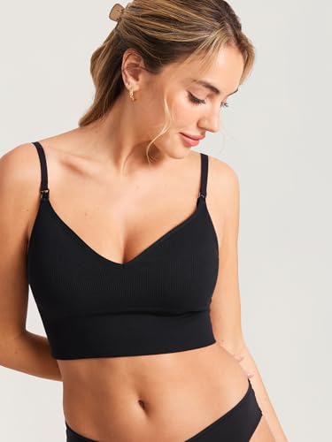 MOMANDA Ribbed Wireless Nursing Bras for Breastfeeding Longline Maternity Sleep Bra V Neck Comfort3